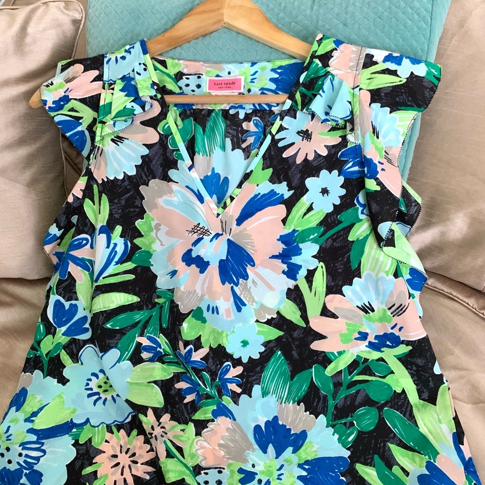Kate Spade Floral Green Full Bloom Ruffle Sleeve Top - Picture 6 of 7